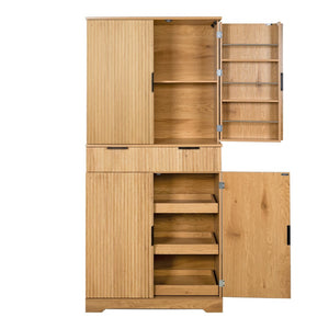 English Elm 72 Inch Fluted Pantry Cabinet Oak Finish with Drawers and Door Shelves Freestanding W2917S00019