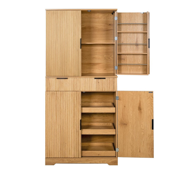 English Elm 72 Inch Fluted Pantry Cabinet Oak Finish with Drawers and Door Shelves Freestanding W2917S00019