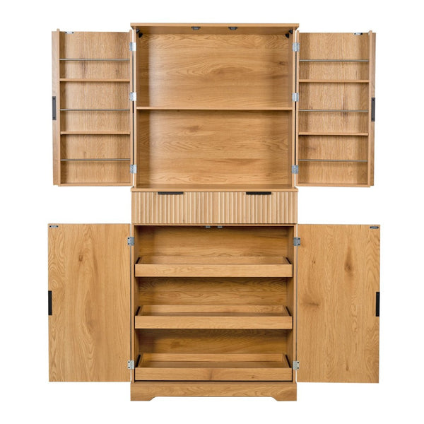 English Elm 72 Inch Fluted Pantry Cabinet Oak Finish with Drawers and Door Shelves Freestanding W2917S00019