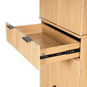 English Elm 72 Inch Fluted Pantry Cabinet Oak Finish with Drawers and Door Shelves Freestanding W2917S00019
