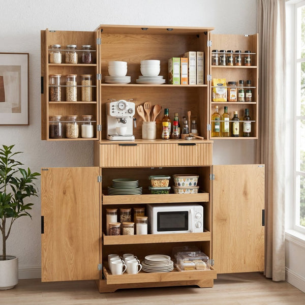 English Elm 72 Inch Fluted Pantry Cabinet Oak Finish with Drawers and Door Shelves Freestanding W2917S00019