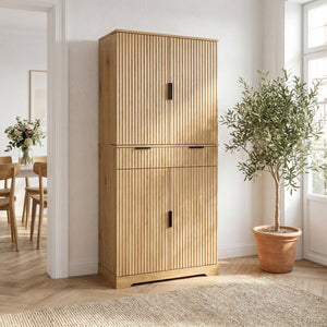 English Elm 72 Inch Fluted Pantry Cabinet Oak Finish with Drawers and Door Shelves Freestanding W2917S00019