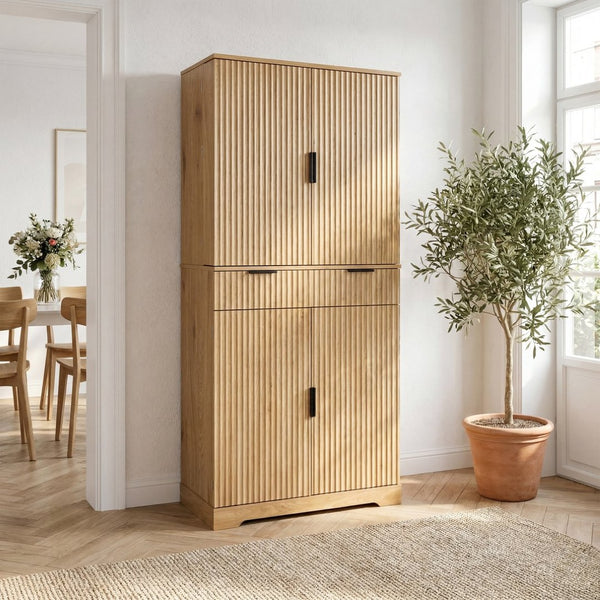 English Elm 72 Inch Fluted Pantry Cabinet Oak Finish with Drawers and Door Shelves Freestanding W2917S00019