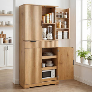 English Elm 72 Inch Fluted Pantry Cabinet Oak Finish with Drawers and Door Shelves Freestanding W2917S00019