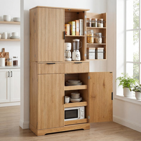 English Elm 72 Inch Fluted Pantry Cabinet Oak Finish with Drawers and Door Shelves Freestanding W2917S00019