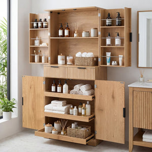 English Elm 72 Inch Fluted Pantry Cabinet Oak Finish with Drawers and Door Shelves Freestanding W2917S00019