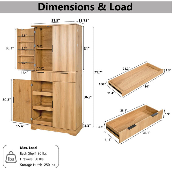 English Elm 72 Inch Fluted Pantry Cabinet Oak Finish with Drawers and Door Shelves Freestanding W2917S00019