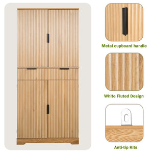 English Elm 72 Inch Fluted Pantry Cabinet Oak Finish with Drawers and Door Shelves Freestanding W2917S00019