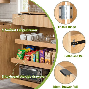 English Elm 72 Inch Fluted Pantry Cabinet Oak Finish with Drawers and Door Shelves Freestanding W2917S00019