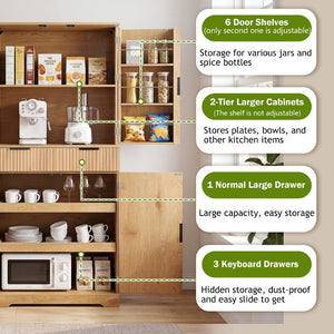 English Elm 72 Inch Fluted Pantry Cabinet Oak Finish with Drawers and Door Shelves Freestanding W2917S00019