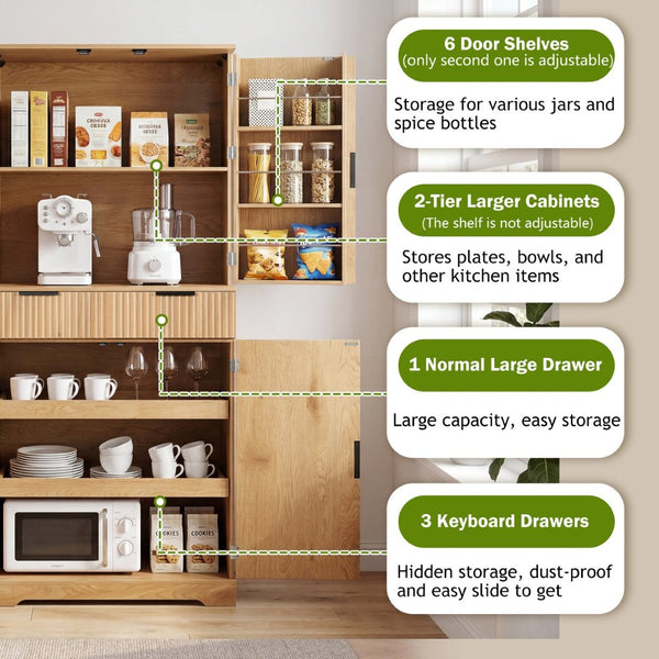 English Elm 72 Inch Fluted Pantry Cabinet Oak Finish with Drawers and Door Shelves Freestanding W2917S00019