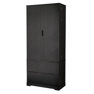 English Elm 72 Inch Fluted Tall Pantry Cabinet with Deep Drawers and Door Spice Rack Shelving Black W2917S00020