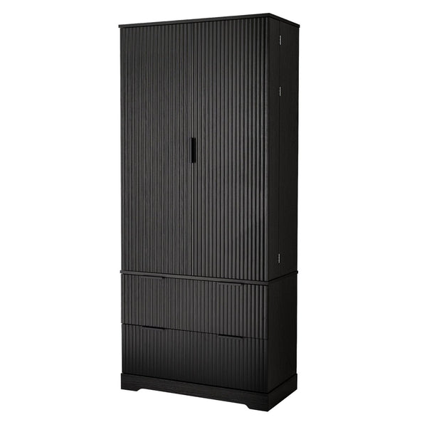English Elm 72 Inch Fluted Tall Pantry Cabinet with Deep Drawers and Door Spice Rack Shelving Black W2917S00020