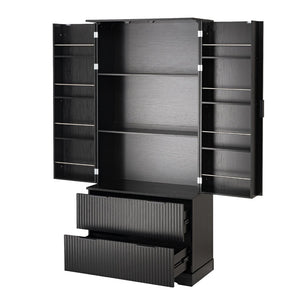 English Elm 72 Inch Fluted Tall Pantry Cabinet with Deep Drawers and Door Spice Rack Shelving Black W2917S00020