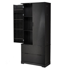 English Elm 72 Inch Fluted Tall Pantry Cabinet with Deep Drawers and Door Spice Rack Shelving Black W2917S00020