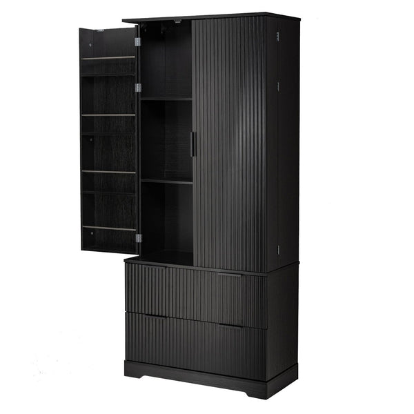 English Elm 72 Inch Fluted Tall Pantry Cabinet with Deep Drawers and Door Spice Rack Shelving Black W2917S00020