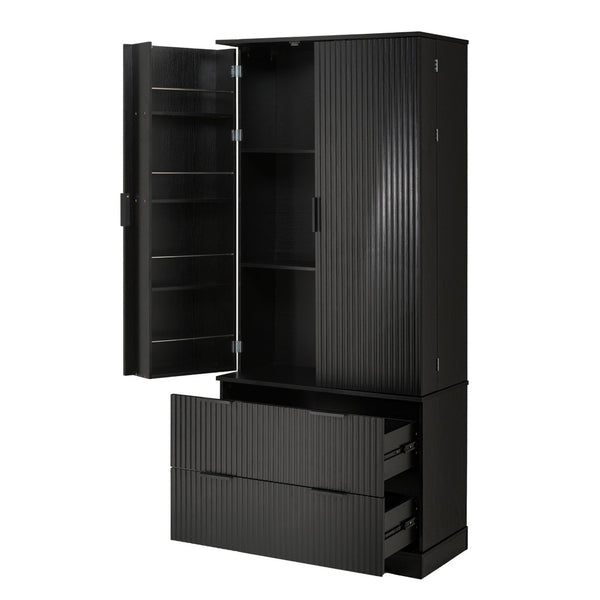 English Elm 72 Inch Fluted Tall Pantry Cabinet with Deep Drawers and Door Spice Rack Shelving Black W2917S00020