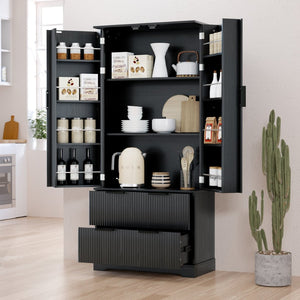 English Elm 72 Inch Fluted Tall Pantry Cabinet with Deep Drawers and Door Spice Rack Shelving Black W2917S00020
