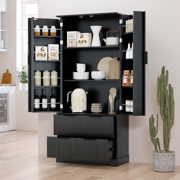 English Elm 72 Inch Fluted Tall Pantry Cabinet with Deep Drawers and Door Spice Rack Shelving Black W2917S00020