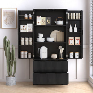 English Elm 72 Inch Fluted Tall Pantry Cabinet with Deep Drawers and Door Spice Rack Shelving Black W2917S00020