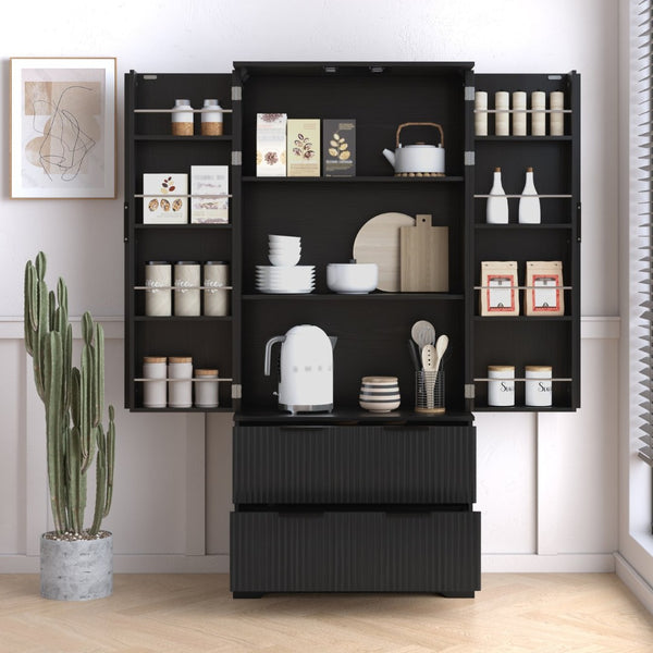 English Elm 72 Inch Fluted Tall Pantry Cabinet with Deep Drawers and Door Spice Rack Shelving Black W2917S00020