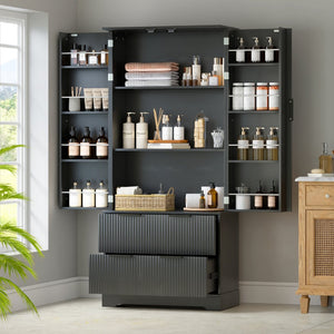 English Elm 72 Inch Fluted Tall Pantry Cabinet with Deep Drawers and Door Spice Rack Shelving Black W2917S00020