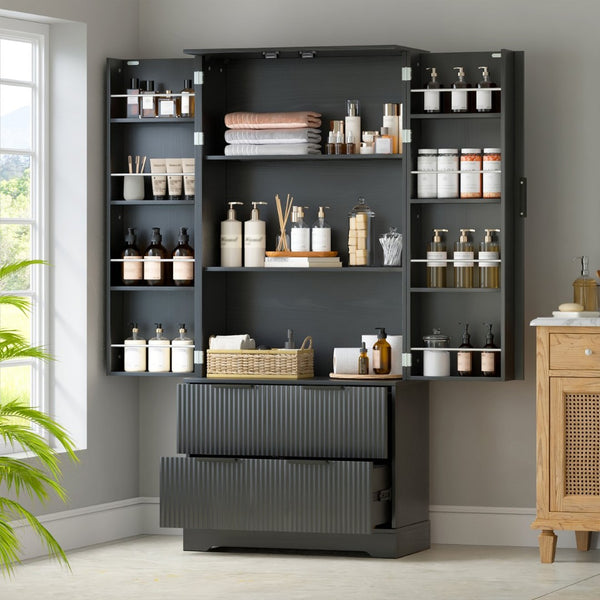 English Elm 72 Inch Fluted Tall Pantry Cabinet with Deep Drawers and Door Spice Rack Shelving Black W2917S00020