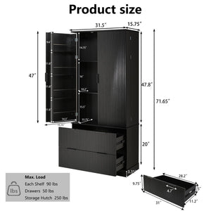 English Elm 72 Inch Fluted Tall Pantry Cabinet with Deep Drawers and Door Spice Rack Shelving Black W2917S00020