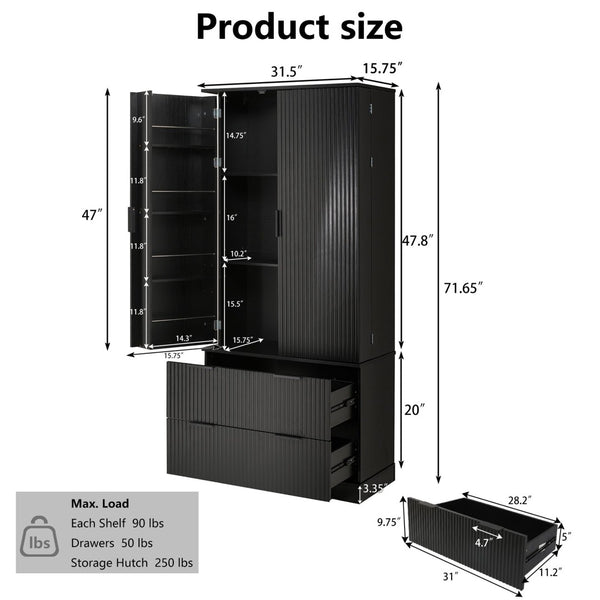 English Elm 72 Inch Fluted Tall Pantry Cabinet with Deep Drawers and Door Spice Rack Shelving Black W2917S00020