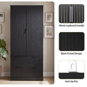 English Elm 72 Inch Fluted Tall Pantry Cabinet with Deep Drawers and Door Spice Rack Shelving Black W2917S00020