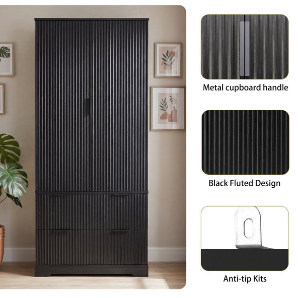 English Elm 72 Inch Fluted Tall Pantry Cabinet with Deep Drawers and Door Spice Rack Shelving Black W2917S00020