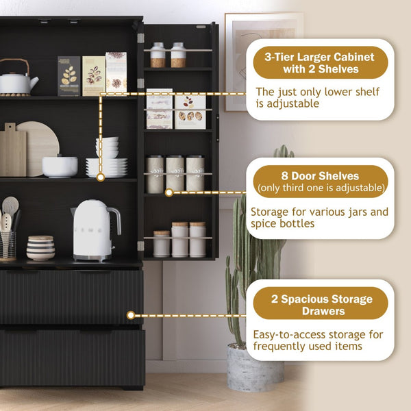 English Elm 72 Inch Fluted Tall Pantry Cabinet with Deep Drawers and Door Spice Rack Shelving Black W2917S00020