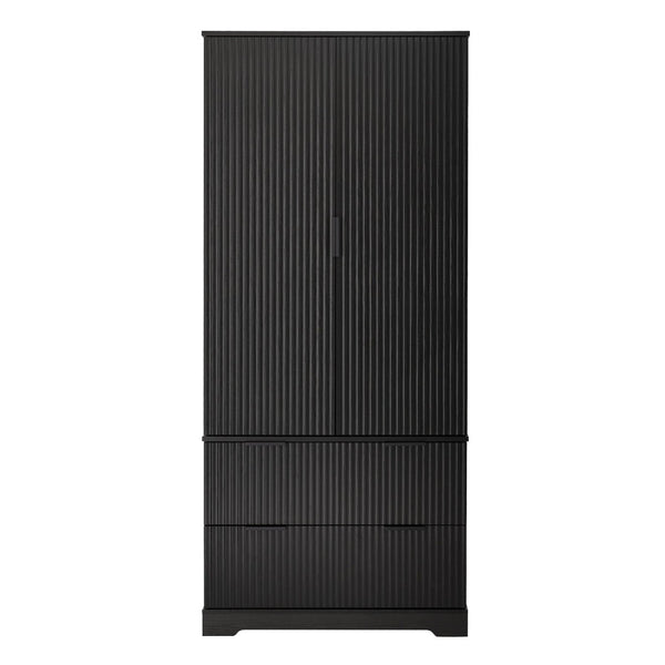 English Elm 72 Inch Fluted Tall Pantry Cabinet with Deep Drawers and Door Spice Rack Shelving Black W2917S00020