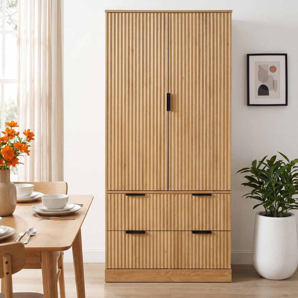 English Elm 72 Inch Fluted Tall Pantry Cabinet with Deep Drawers and Door Spice Rack Shelving Oak W2917S00021