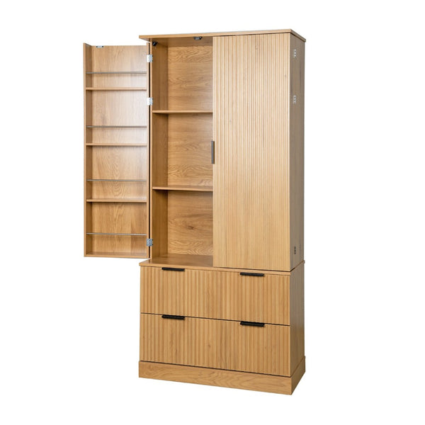 English Elm 72 Inch Fluted Tall Pantry Cabinet with Deep Drawers and Door Spice Rack Shelving Oak W2917S00021