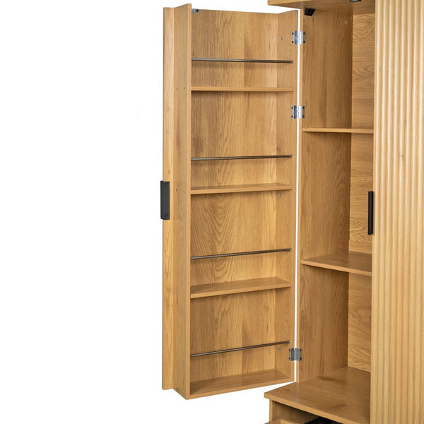 English Elm 72 Inch Fluted Tall Pantry Cabinet with Deep Drawers and Door Spice Rack Shelving Oak W2917S00021