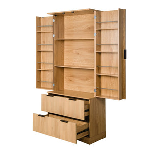 English Elm 72 Inch Fluted Tall Pantry Cabinet with Deep Drawers and Door Spice Rack Shelving Oak W2917S00021
