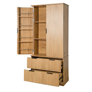 English Elm 72 Inch Fluted Tall Pantry Cabinet with Deep Drawers and Door Spice Rack Shelving Oak W2917S00021