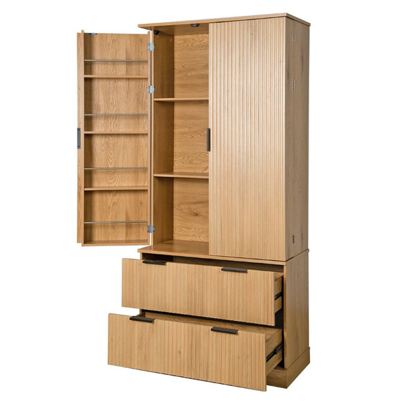 English Elm 72 Inch Fluted Tall Pantry Cabinet with Deep Drawers and Door Spice Rack Shelving Oak W2917S00021