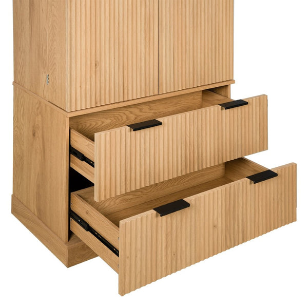 English Elm 72 Inch Fluted Tall Pantry Cabinet with Deep Drawers and Door Spice Rack Shelving Oak W2917S00021