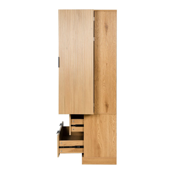 English Elm 72 Inch Fluted Tall Pantry Cabinet with Deep Drawers and Door Spice Rack Shelving Oak W2917S00021