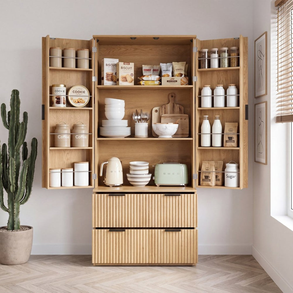 English Elm 72 Inch Fluted Tall Pantry Cabinet with Deep Drawers and Door Spice Rack Shelving Oak W2917S00021