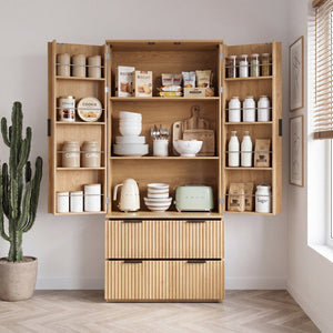 English Elm 72 Inch Fluted Tall Pantry Cabinet with Deep Drawers and Door Spice Rack Shelving Oak W2917S00021