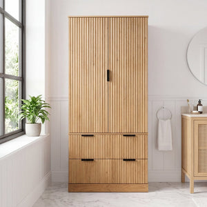 English Elm 72 Inch Fluted Tall Pantry Cabinet with Deep Drawers and Door Spice Rack Shelving Oak W2917S00021