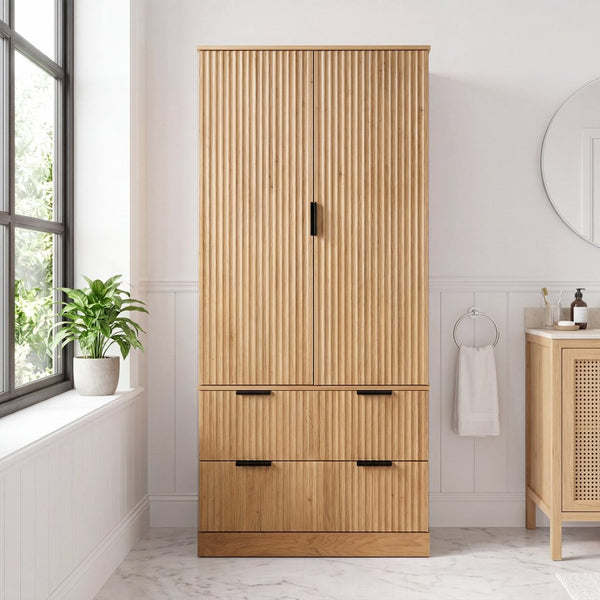 English Elm 72 Inch Fluted Tall Pantry Cabinet with Deep Drawers and Door Spice Rack Shelving Oak W2917S00021