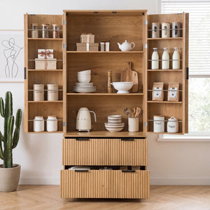 English Elm 72 Inch Fluted Tall Pantry Cabinet with Deep Drawers and Door Spice Rack Shelving Oak W2917S00021