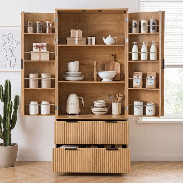 English Elm 72 Inch Fluted Tall Pantry Cabinet with Deep Drawers and Door Spice Rack Shelving Oak W2917S00021