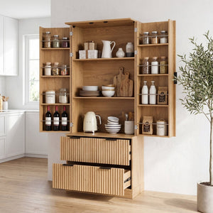 English Elm 72 Inch Fluted Tall Pantry Cabinet with Deep Drawers and Door Spice Rack Shelving Oak W2917S00021