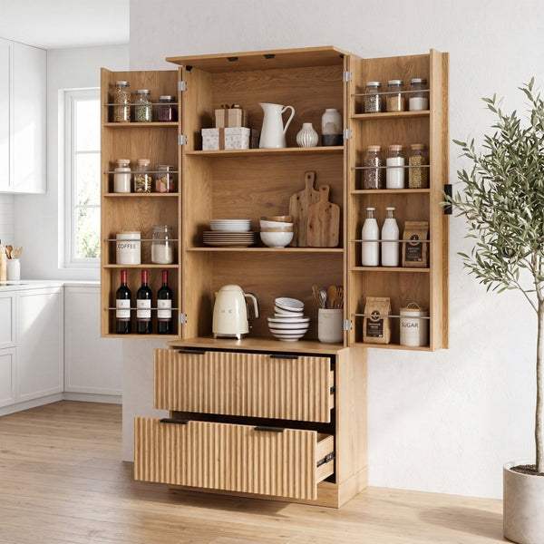 English Elm 72 Inch Fluted Tall Pantry Cabinet with Deep Drawers and Door Spice Rack Shelving Oak W2917S00021
