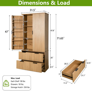 English Elm 72 Inch Fluted Tall Pantry Cabinet with Deep Drawers and Door Spice Rack Shelving Oak W2917S00021